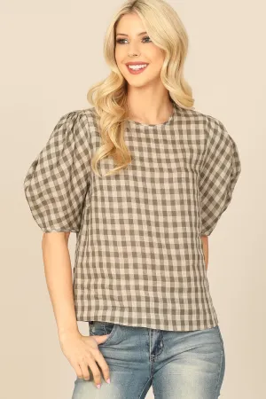 PLAID HALF PUFF SLEEVE TOP