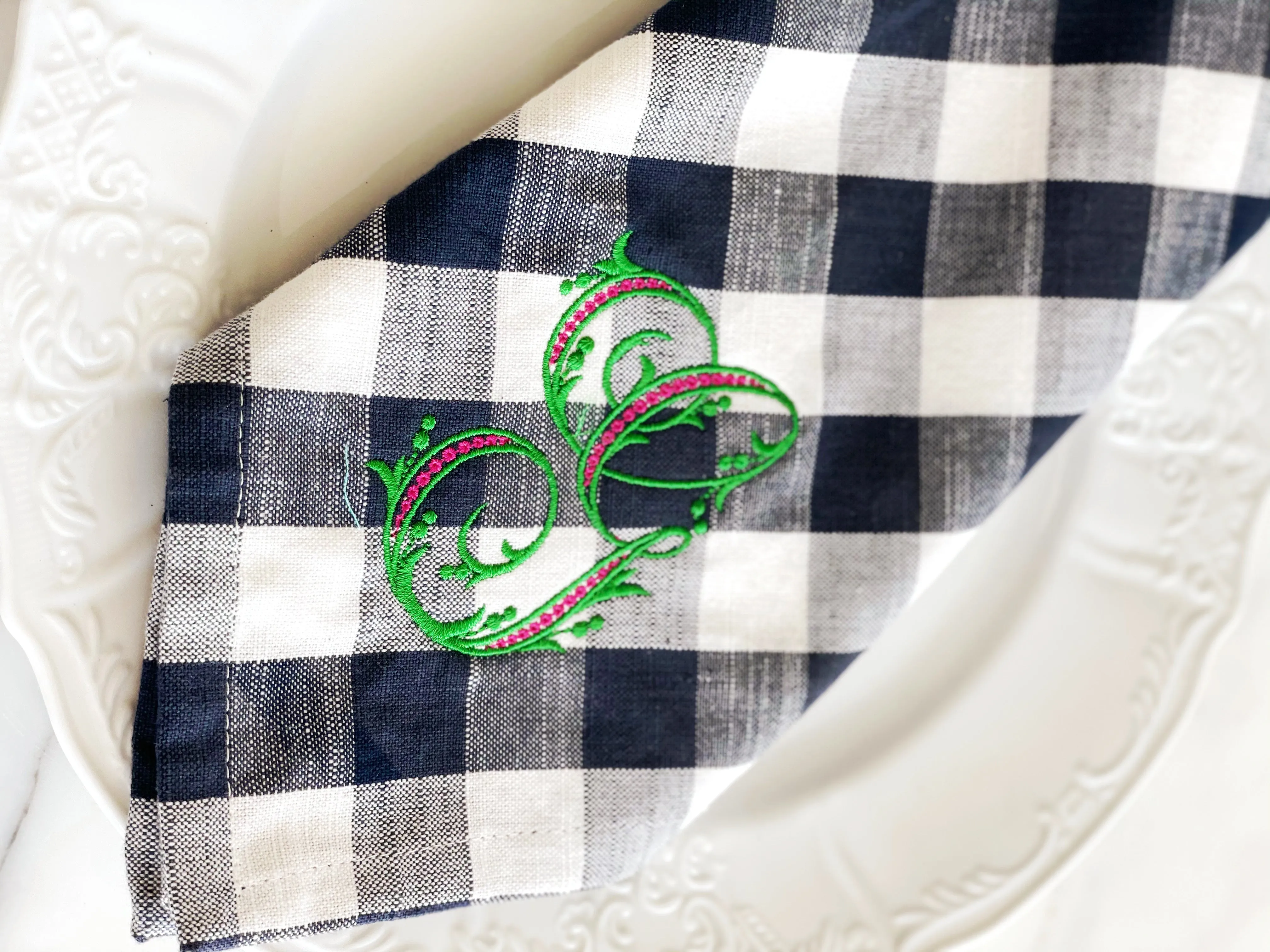 Plaid Napkin with Arabesque Monogram
