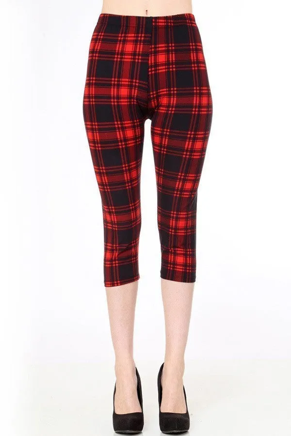 Plaid Print Brushed Capri Leggings
