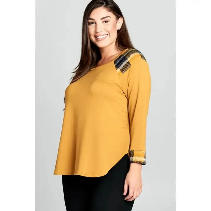 Plus Size Checkered Plaid Contrast Top-Mustard