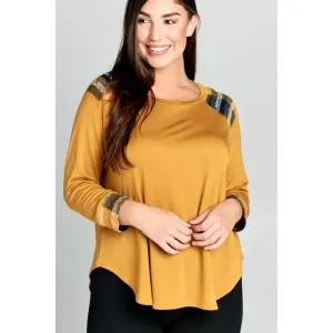 Plus Size Checkered Plaid Contrast Top-Mustard