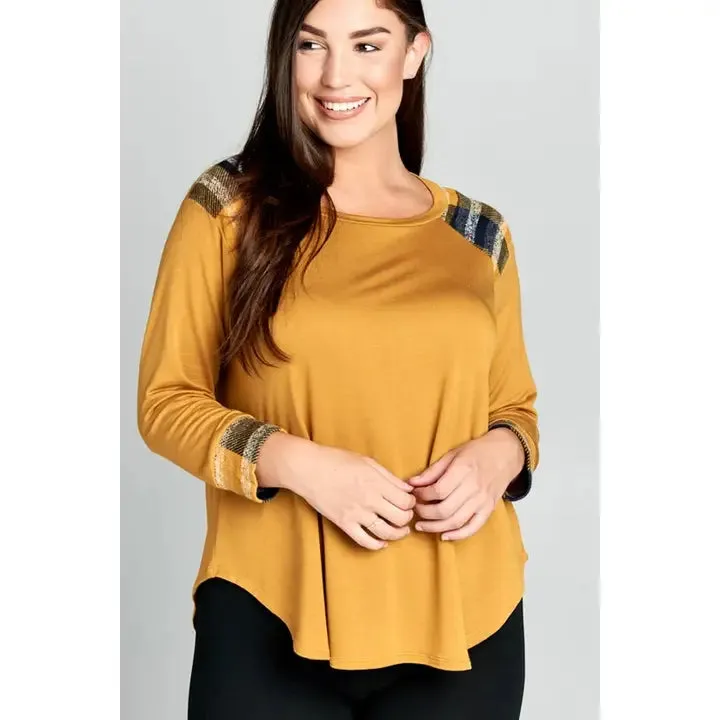 Plus Size Checkered Plaid Contrast Top-Mustard