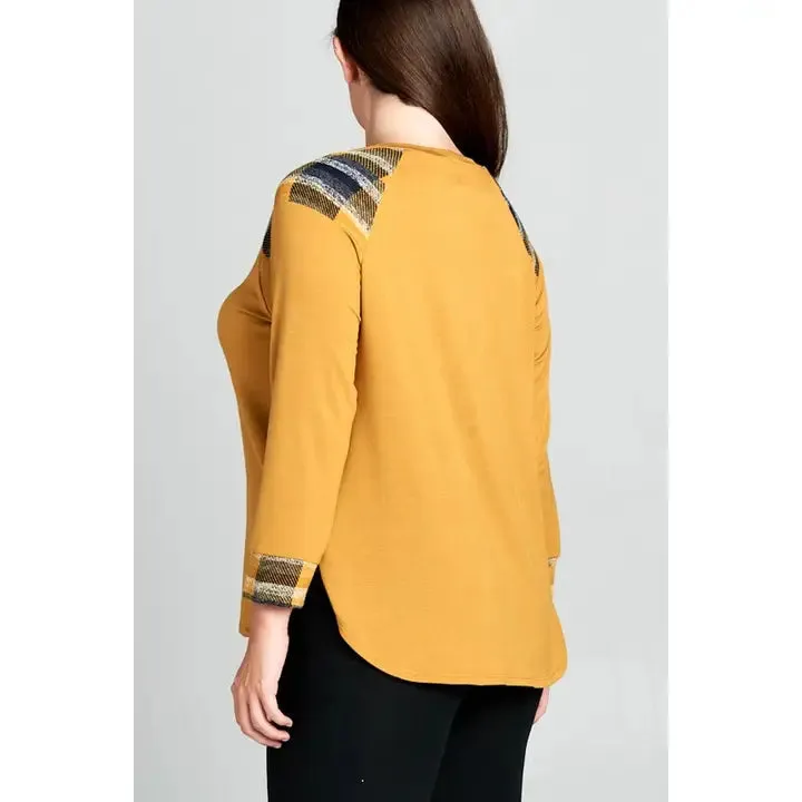 Plus Size Checkered Plaid Contrast Top-Mustard
