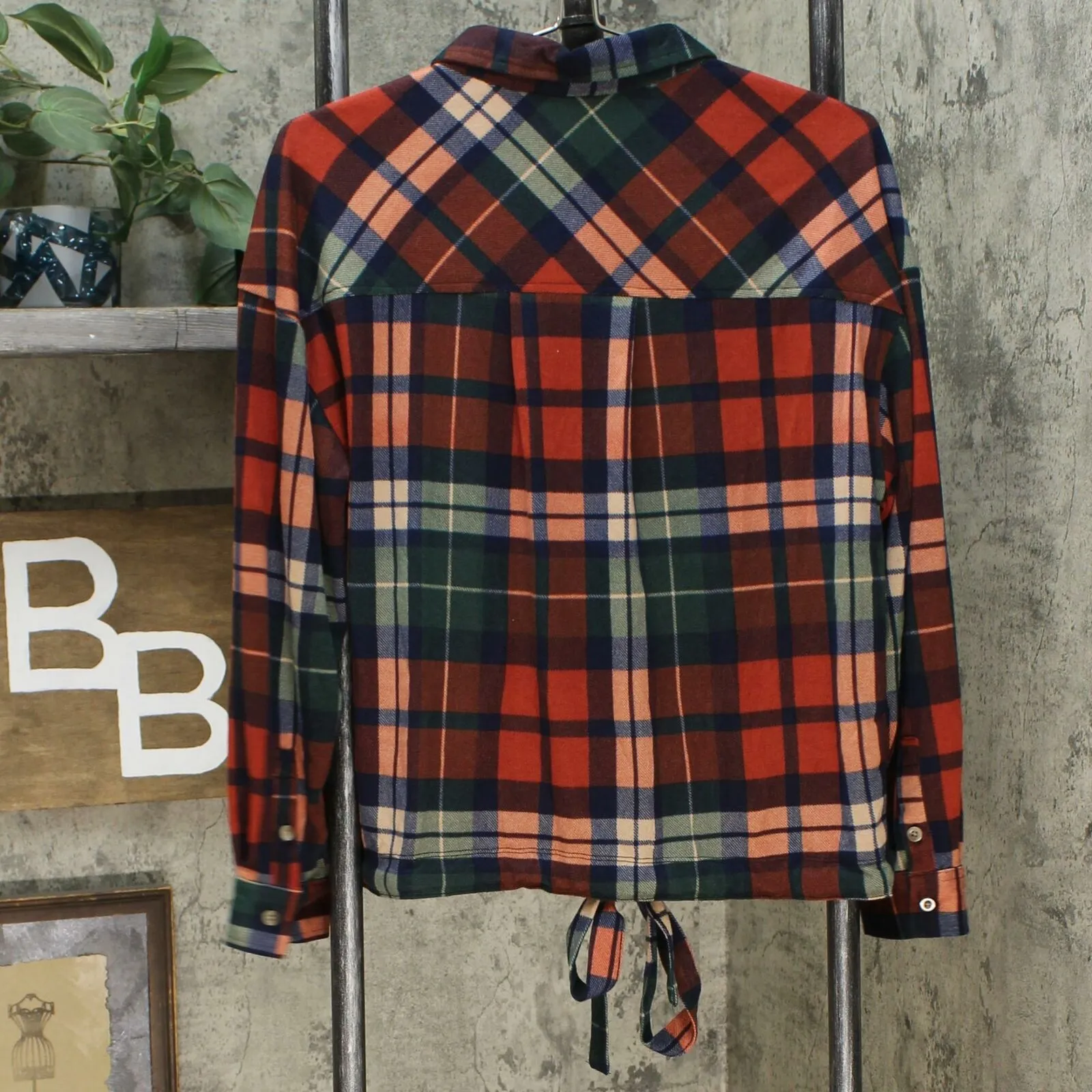 Polly & Esther Women's Junior Fit Soft Drawstring Hem Plaid Shirt