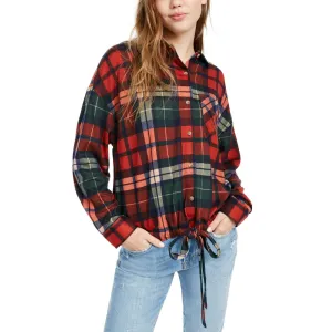 Polly & Esther Women's Junior Fit Soft Drawstring Hem Plaid Shirt