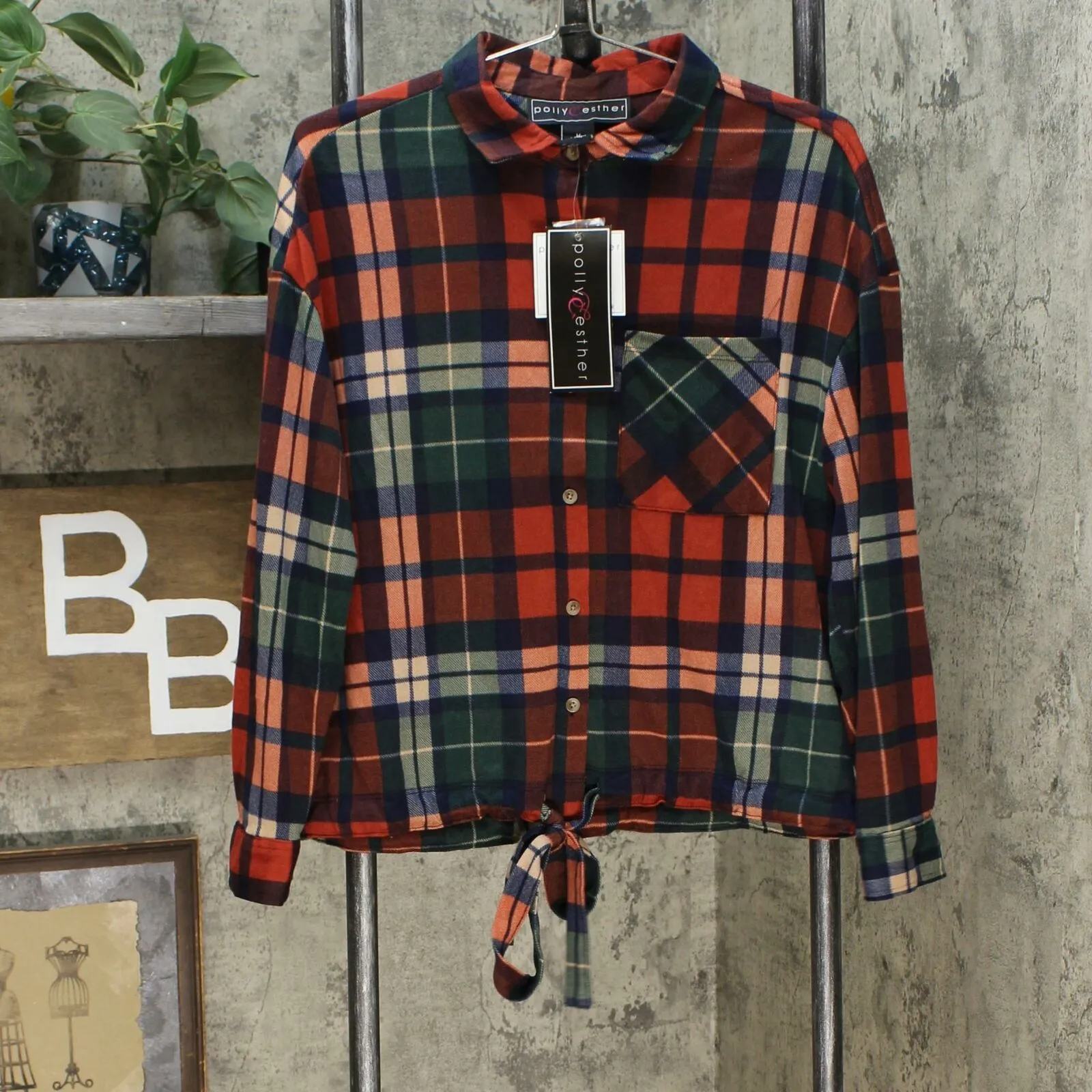 Polly & Esther Women's Junior Fit Soft Drawstring Hem Plaid Shirt