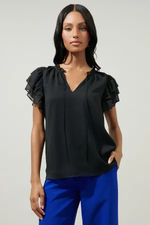 RUFFLE TIE NECK BLOUSE - BLACK