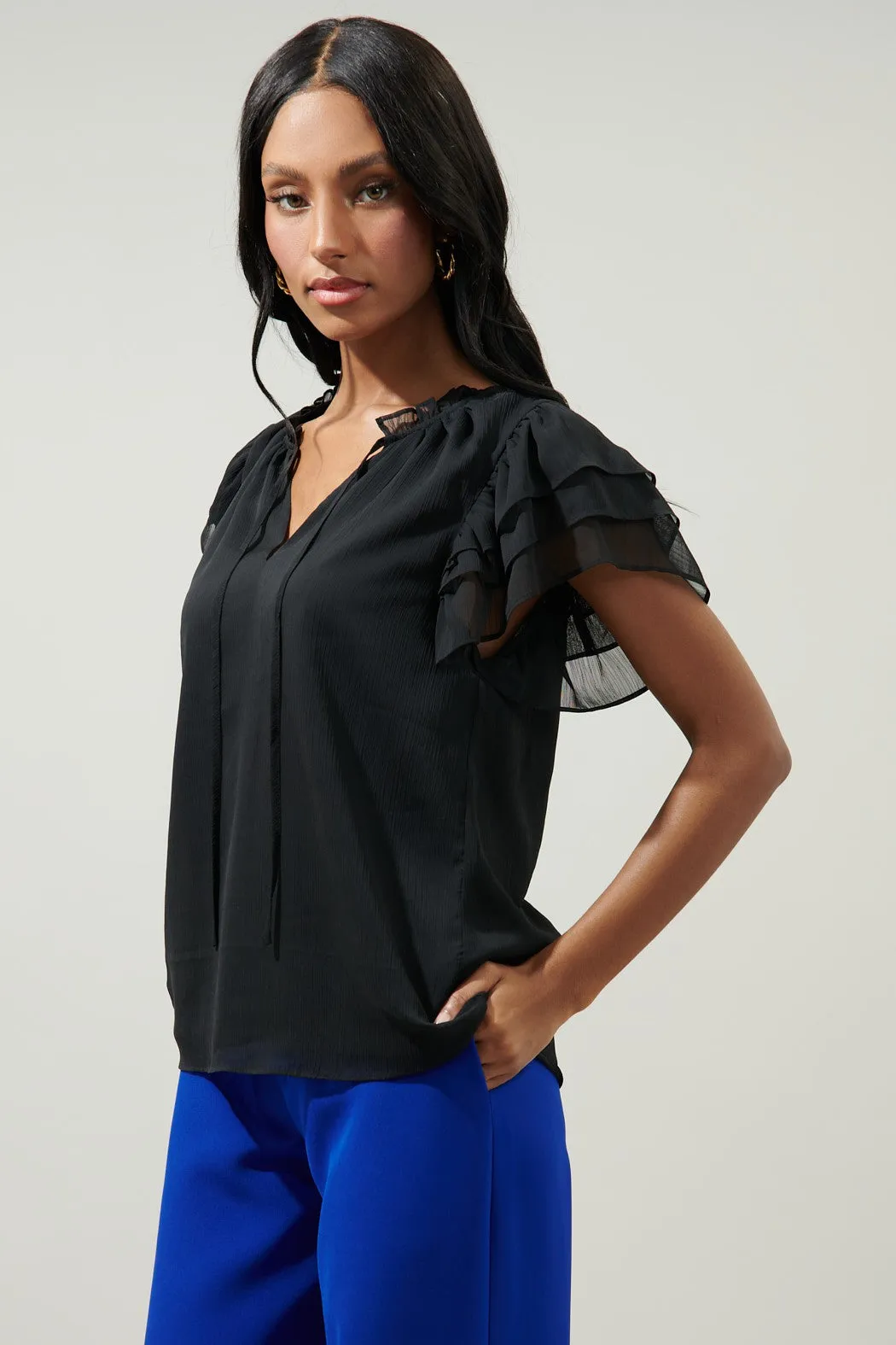 RUFFLE TIE NECK BLOUSE - BLACK