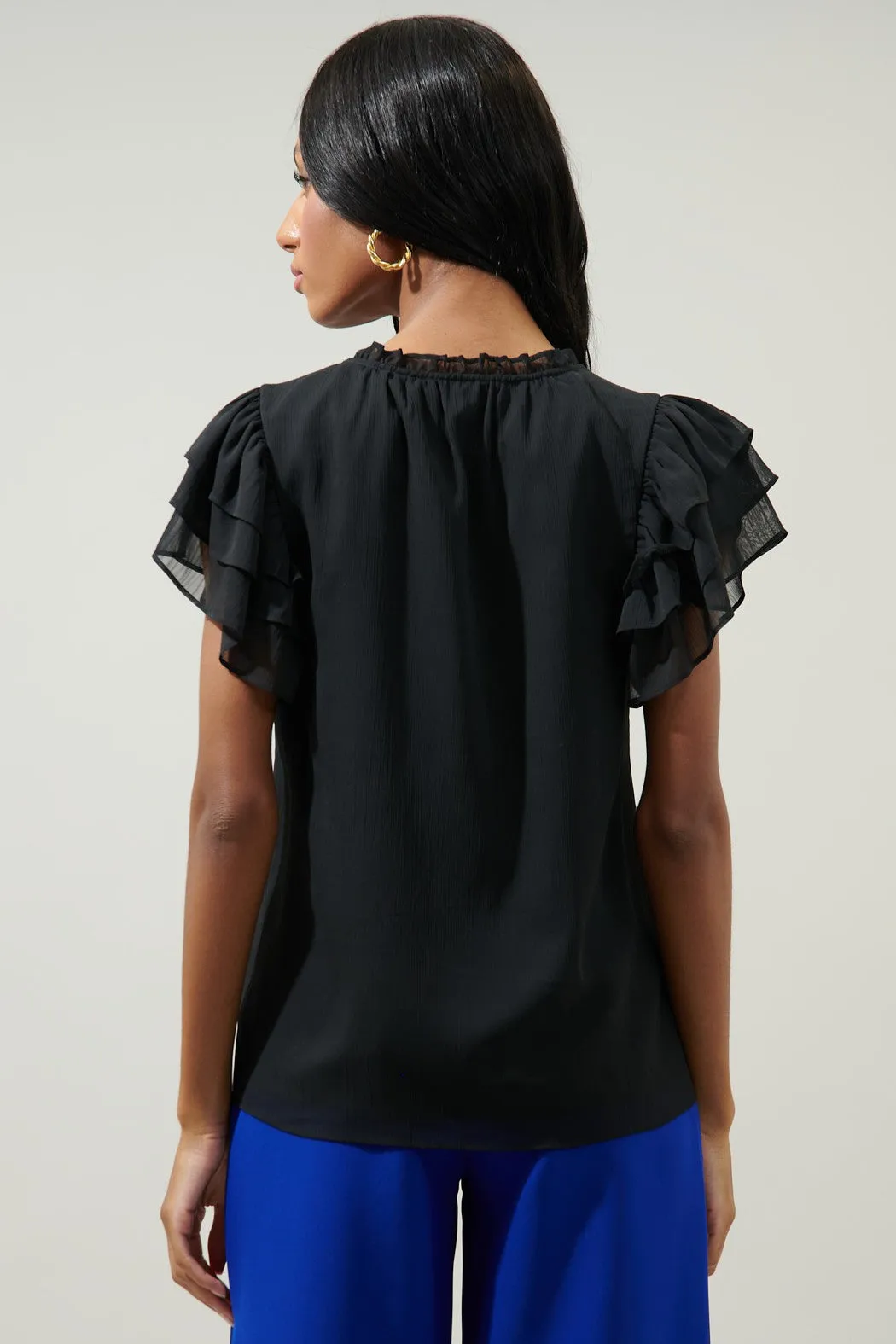 RUFFLE TIE NECK BLOUSE - BLACK