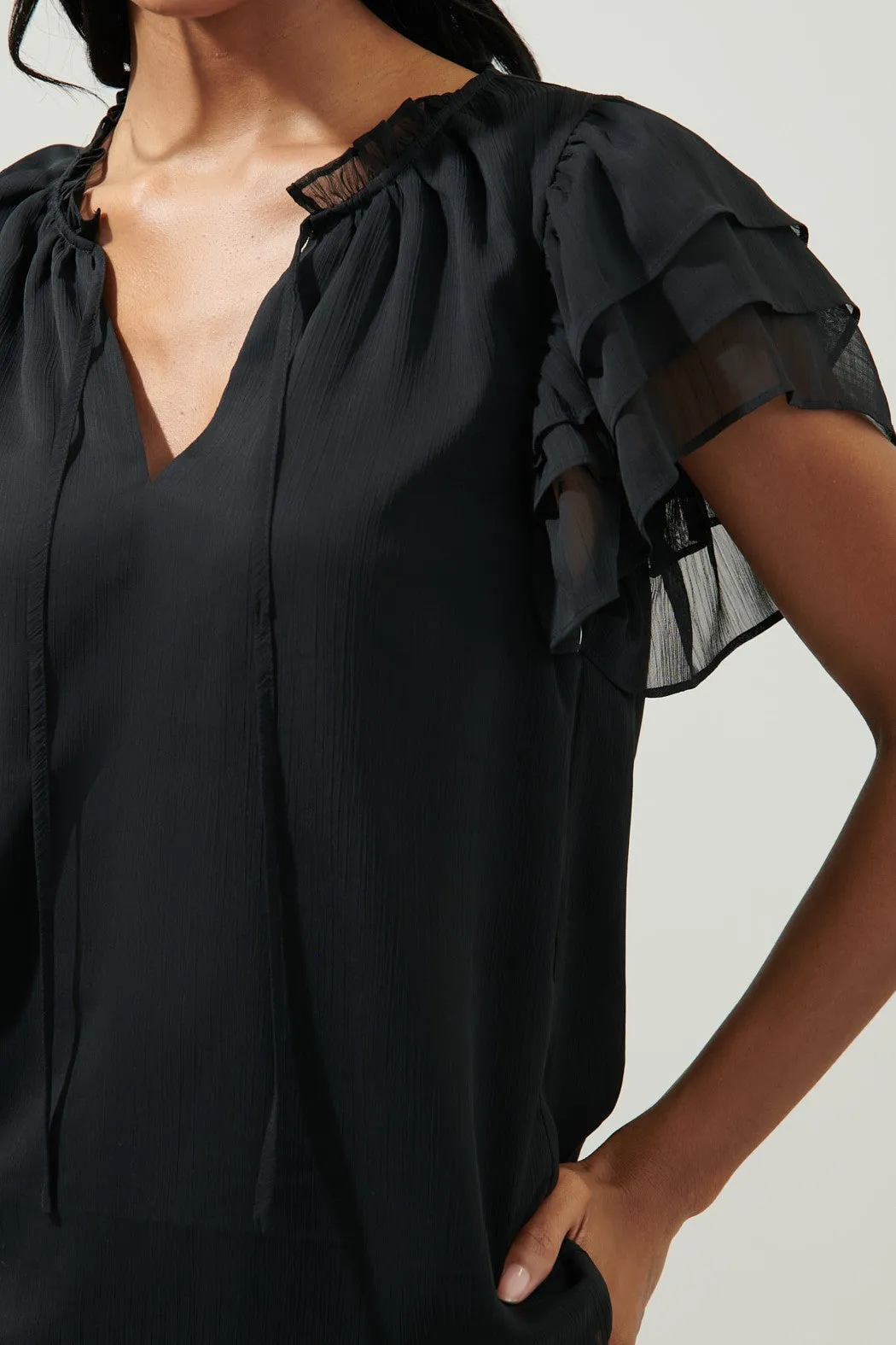RUFFLE TIE NECK BLOUSE - BLACK