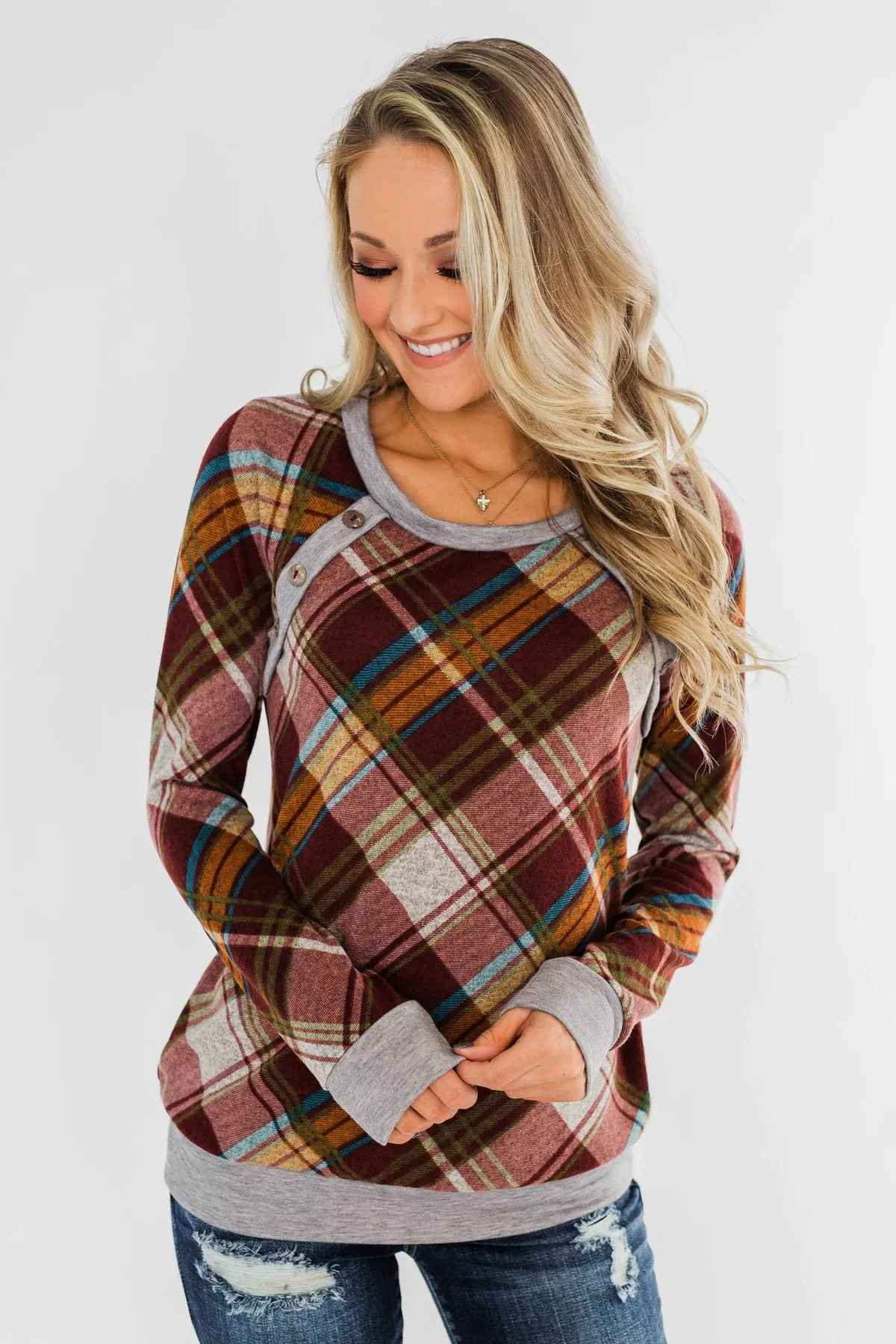 Seasons Change Plaid Button Top- Dark Rust & Grey