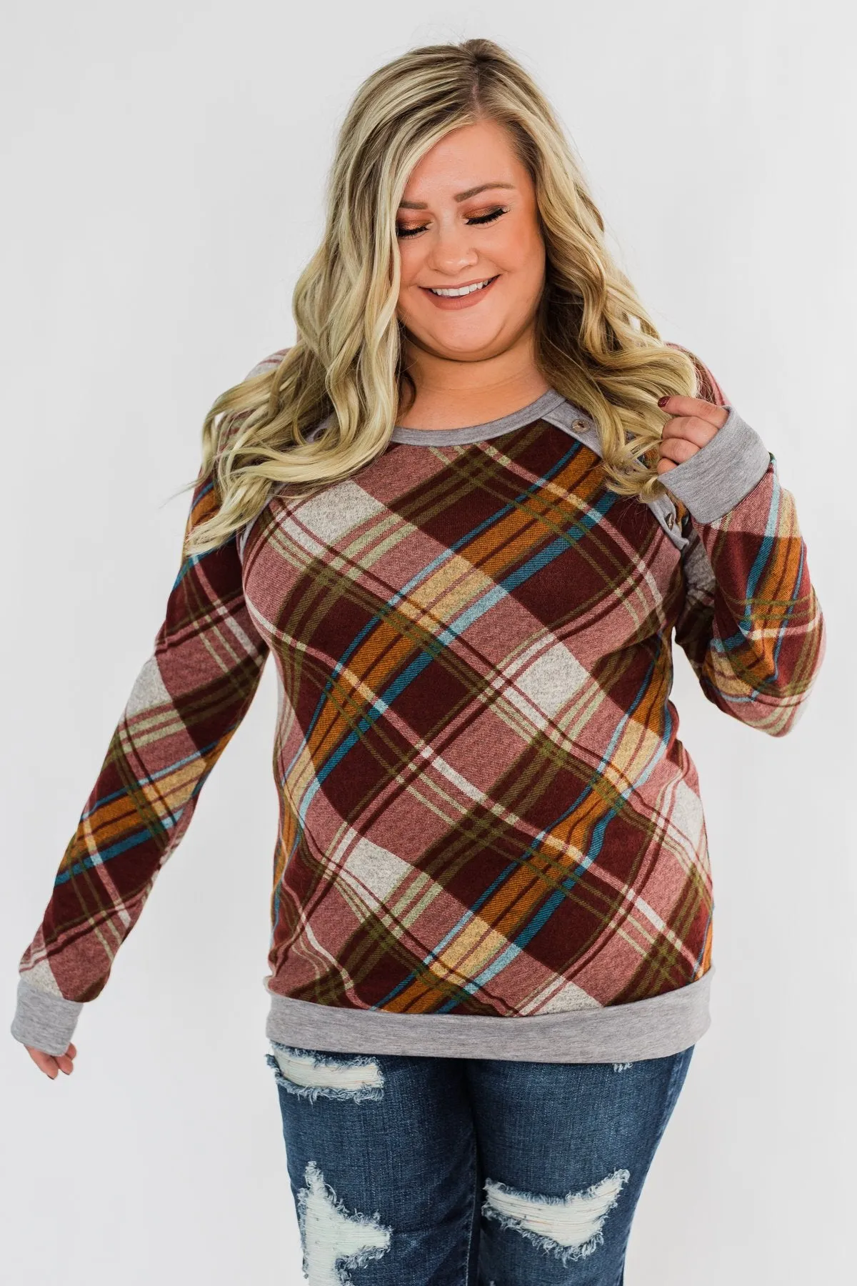 Seasons Change Plaid Button Top- Dark Rust & Grey