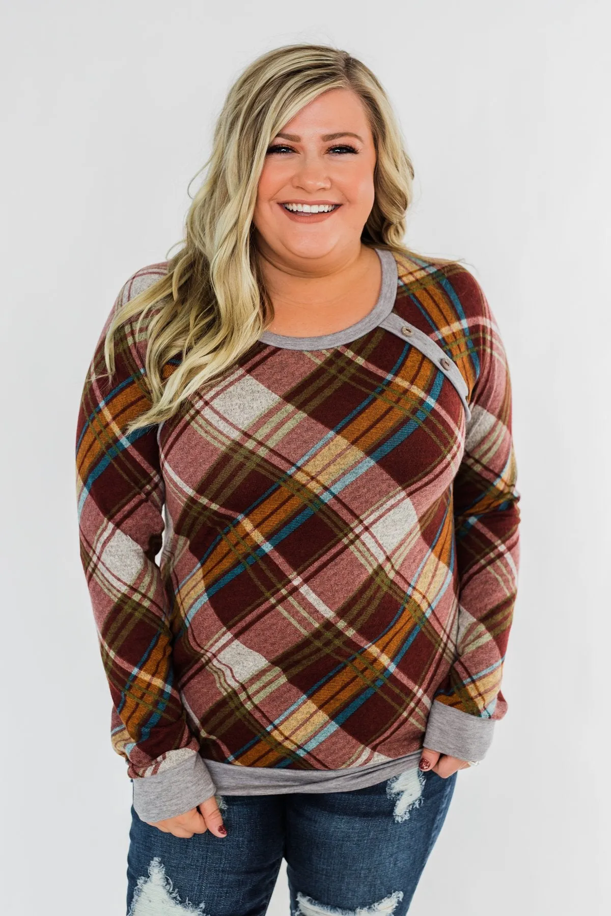 Seasons Change Plaid Button Top- Dark Rust & Grey