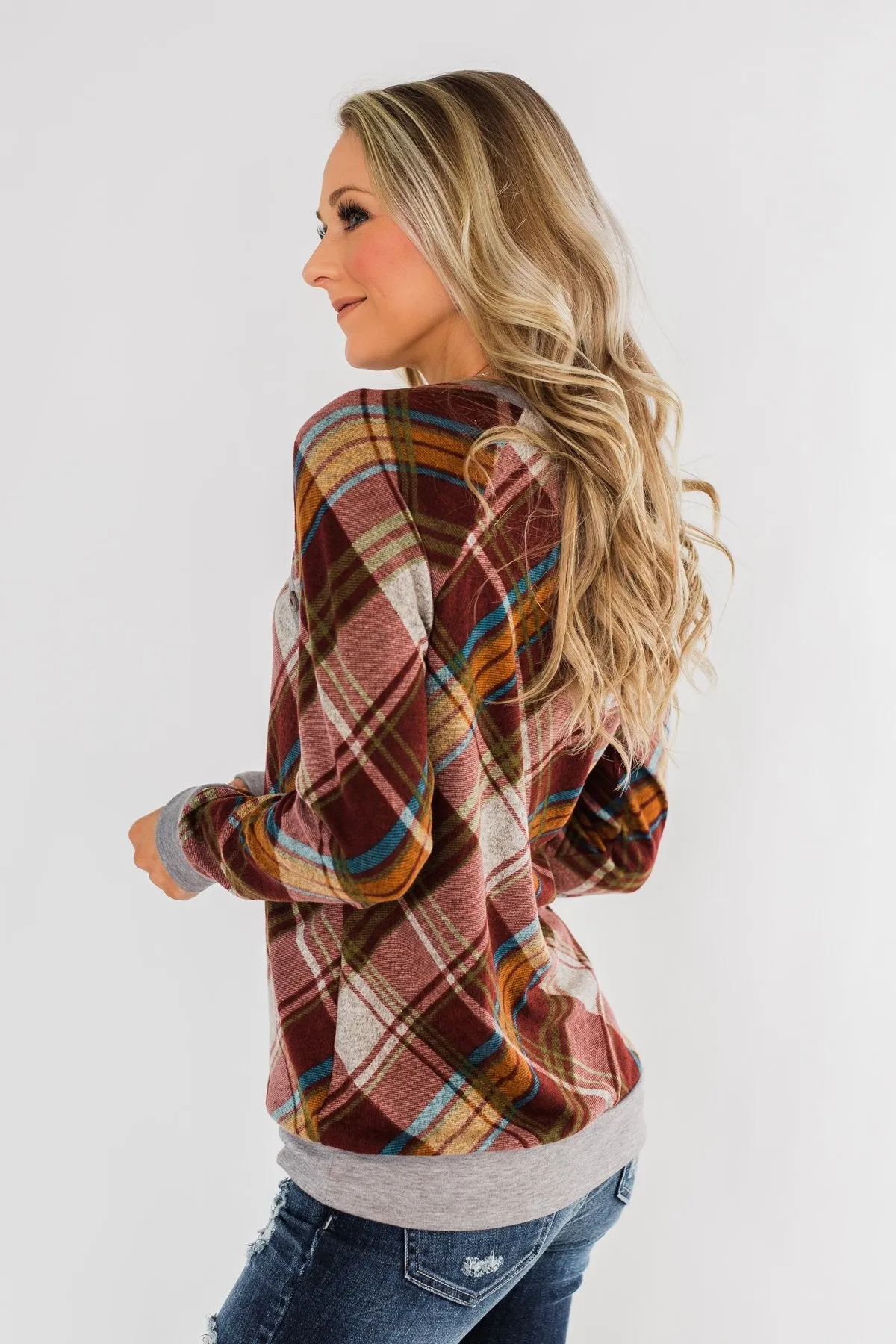 Seasons Change Plaid Button Top- Dark Rust & Grey