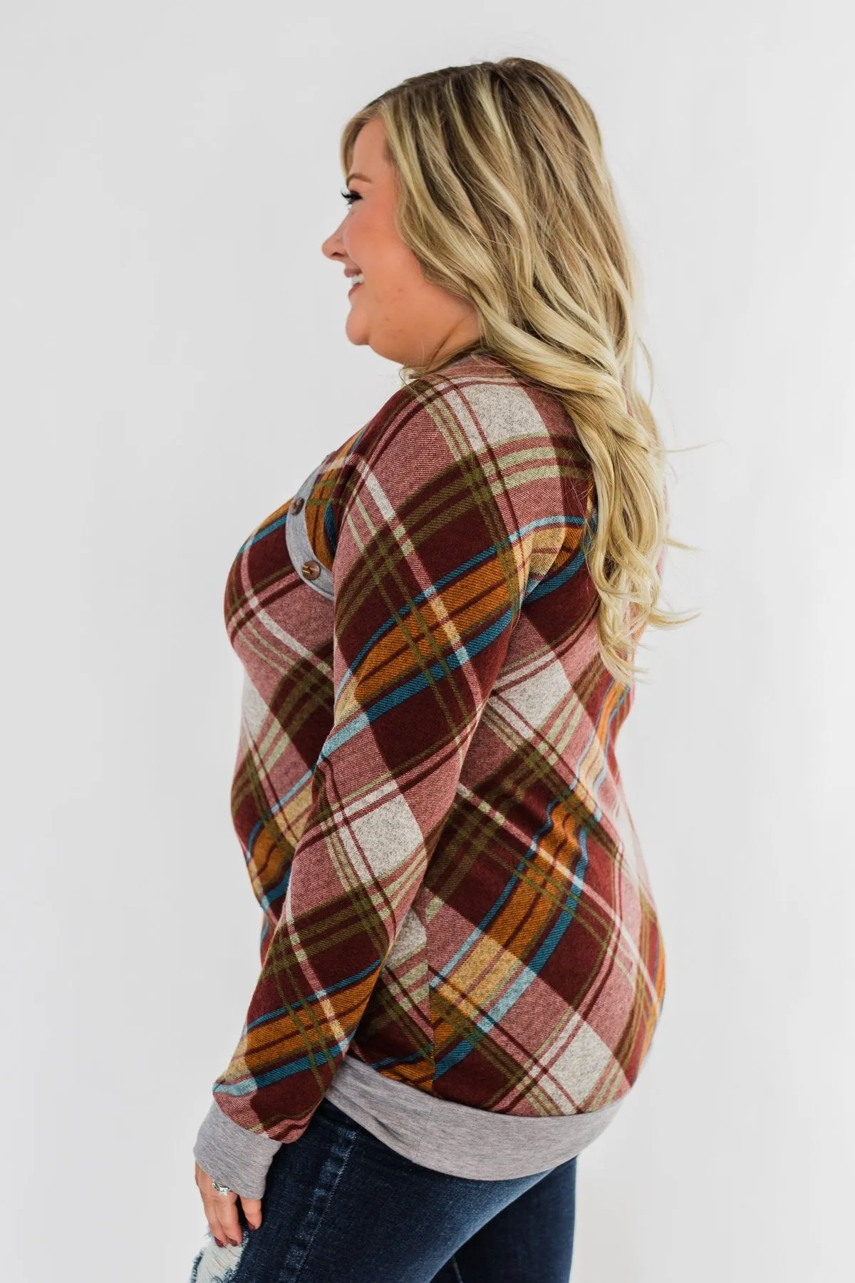 Seasons Change Plaid Button Top- Dark Rust & Grey