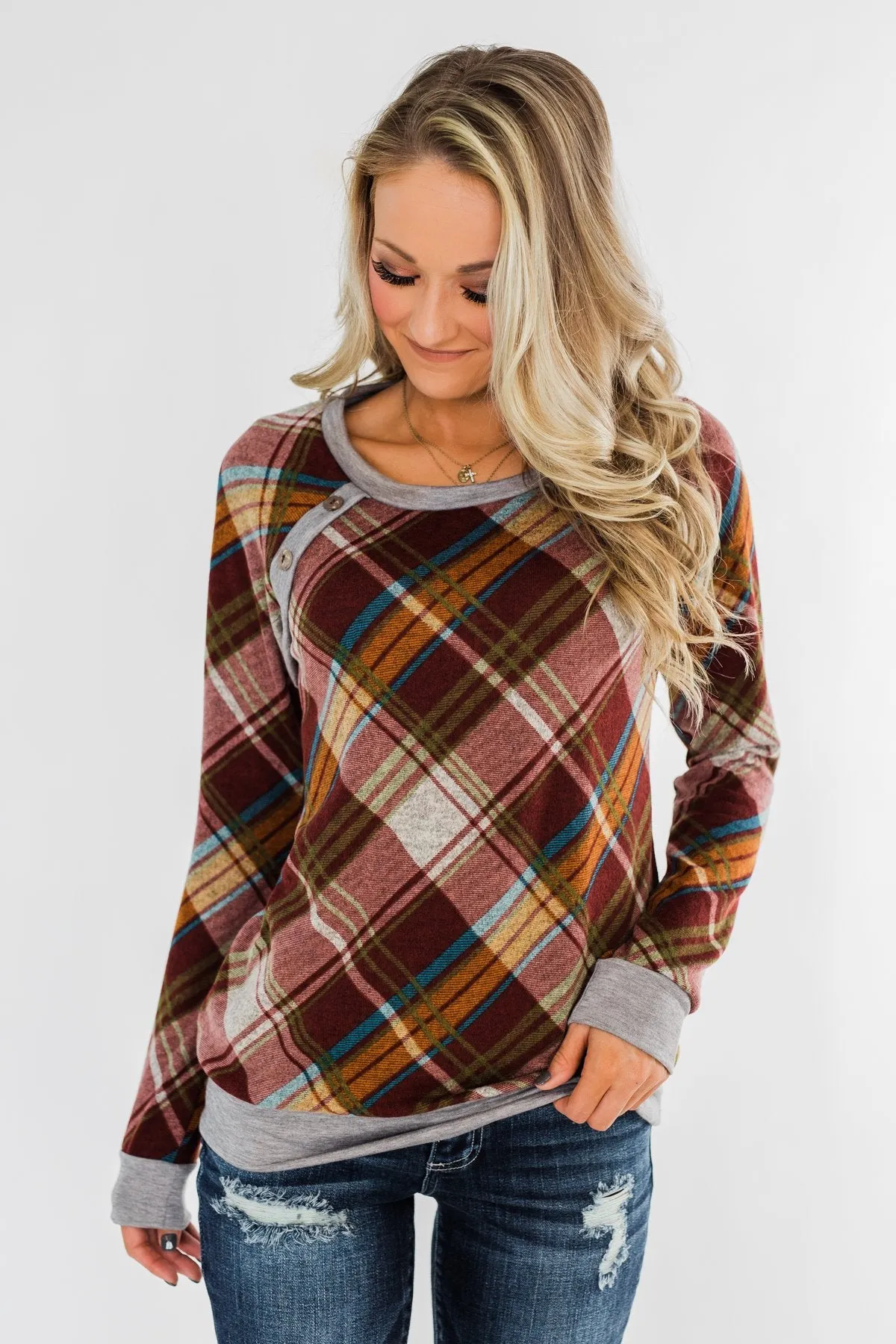Seasons Change Plaid Button Top- Dark Rust & Grey