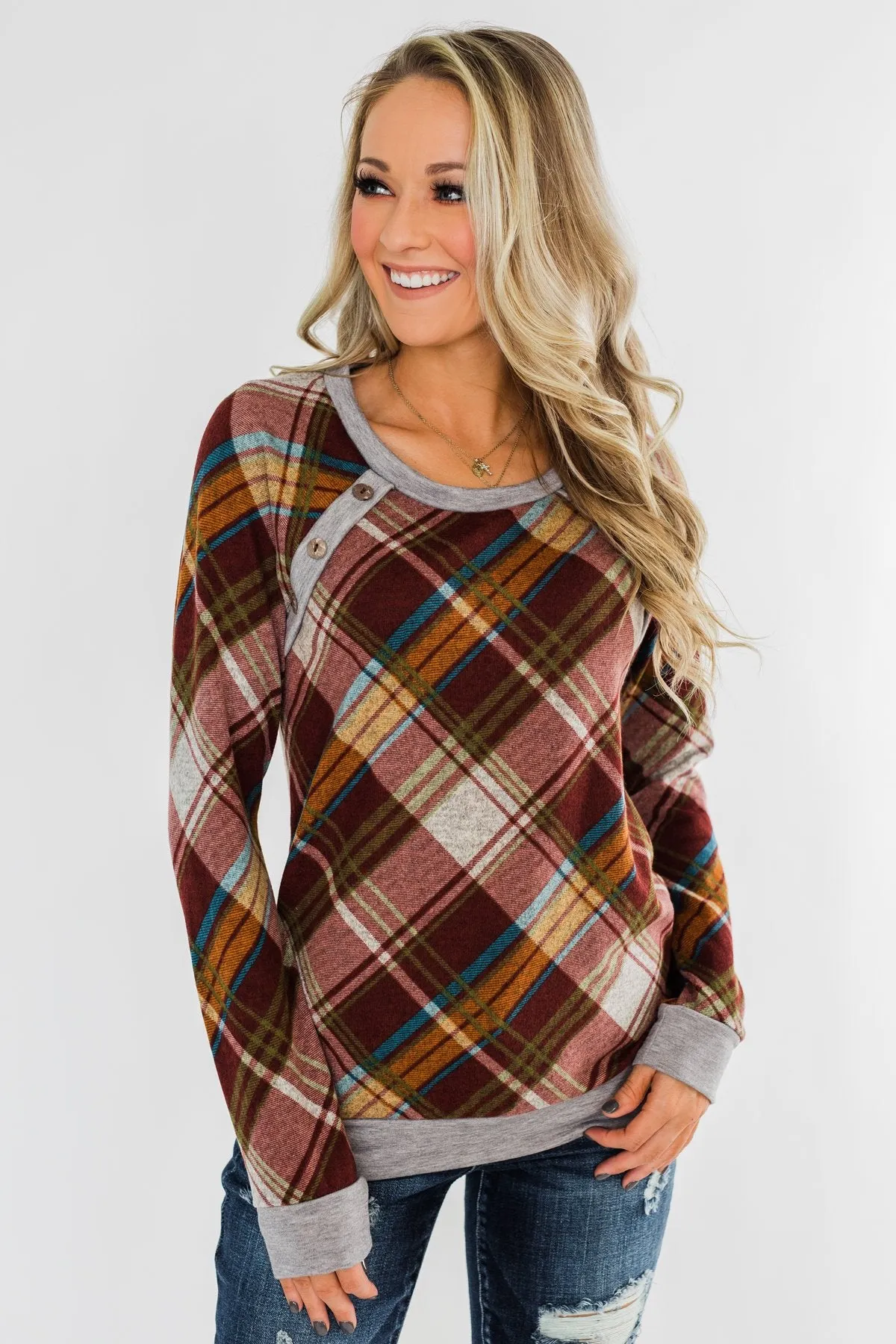 Seasons Change Plaid Button Top- Dark Rust & Grey