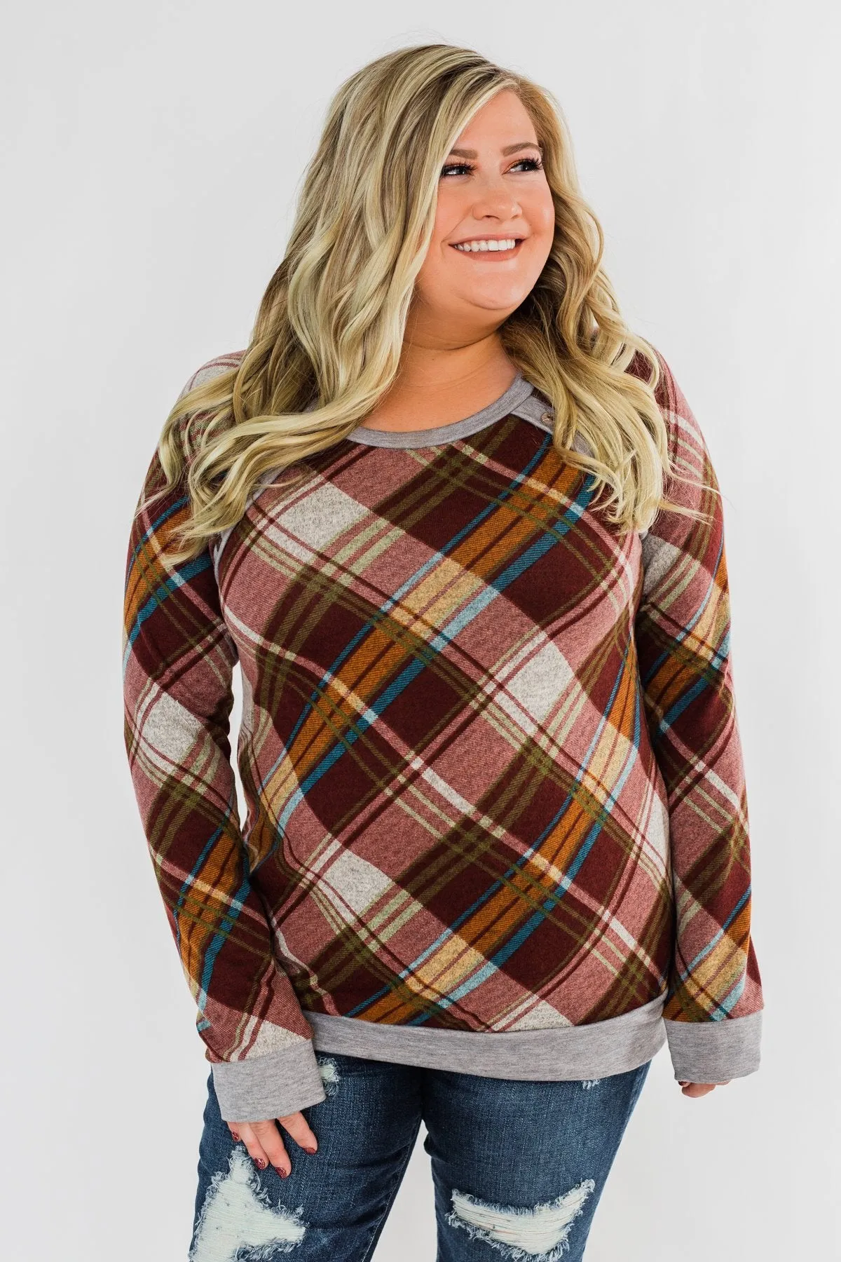Seasons Change Plaid Button Top- Dark Rust & Grey