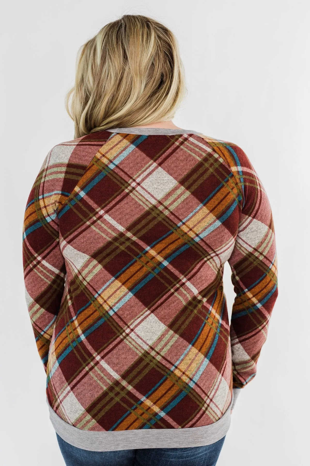 Seasons Change Plaid Button Top- Dark Rust & Grey