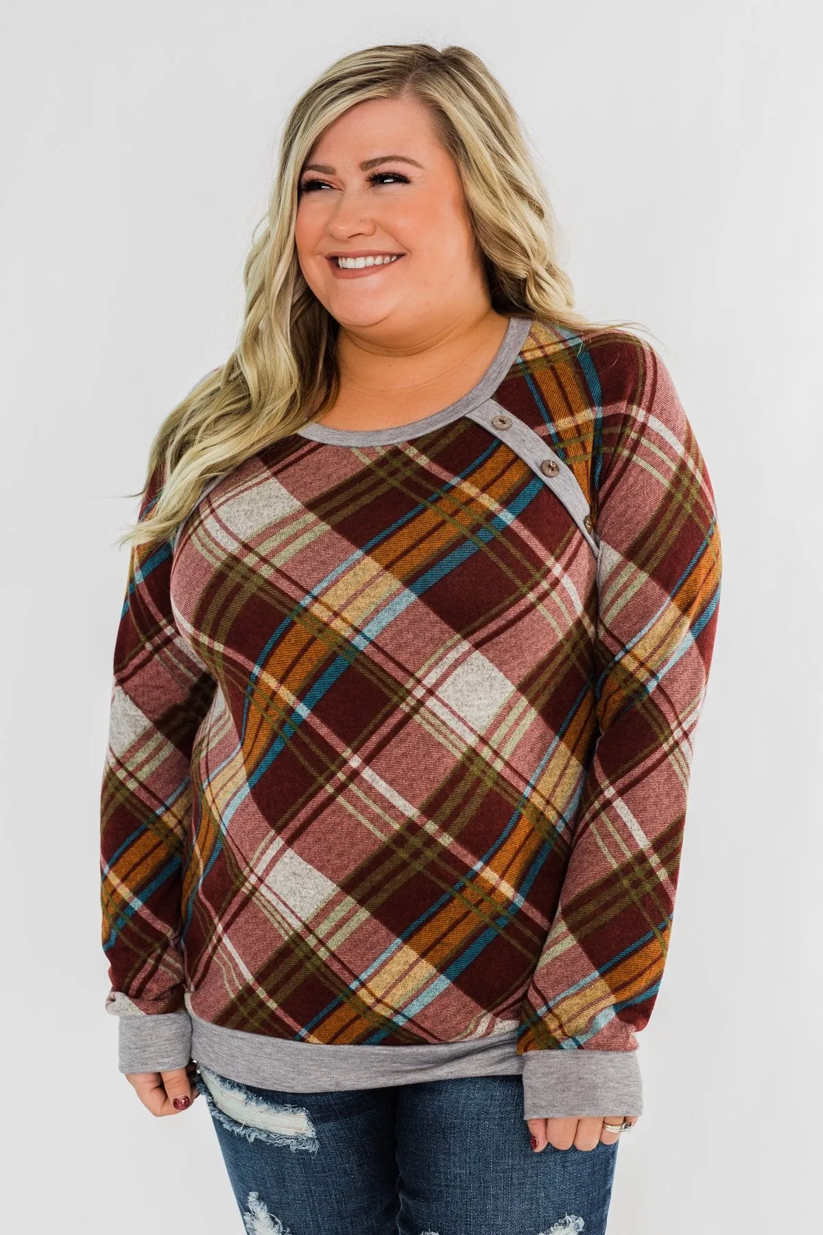 Seasons Change Plaid Button Top- Dark Rust & Grey