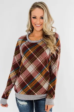 Seasons Change Plaid Button Top- Dark Rust & Grey