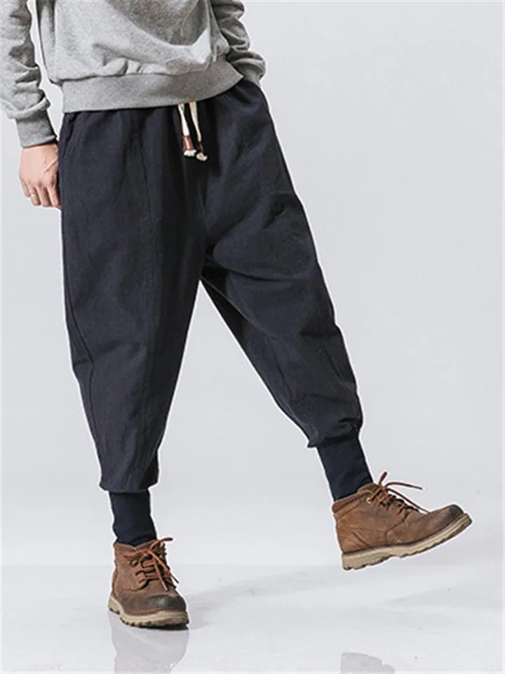 Solid Color Drawstring Linen Ankle-Banded Pants