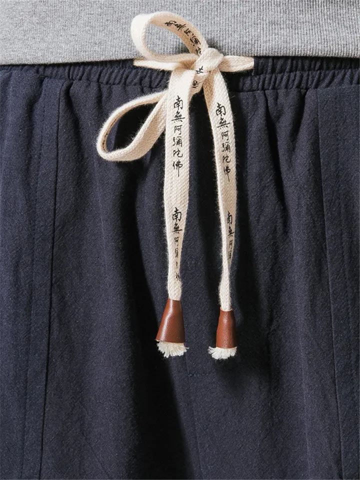 Solid Color Drawstring Linen Ankle-Banded Pants