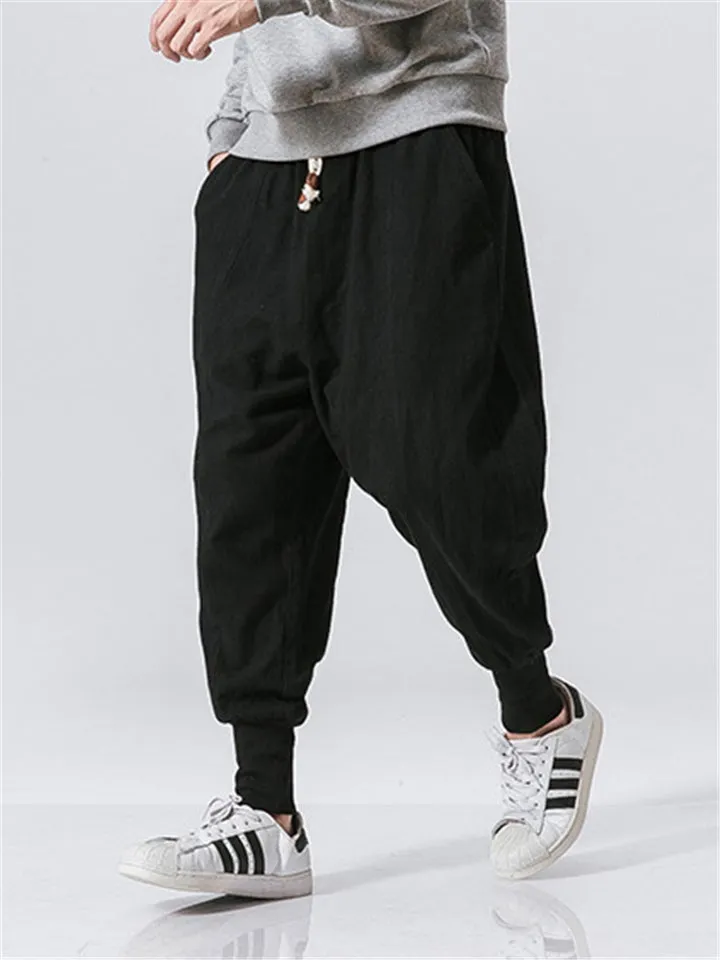 Solid Color Drawstring Linen Ankle-Banded Pants