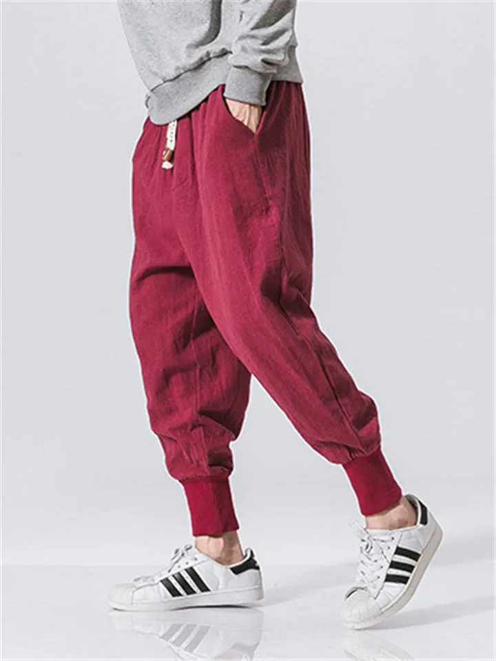 Solid Color Drawstring Linen Ankle-Banded Pants