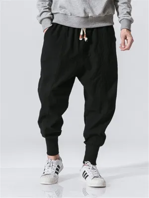 Solid Color Drawstring Linen Ankle-Banded Pants
