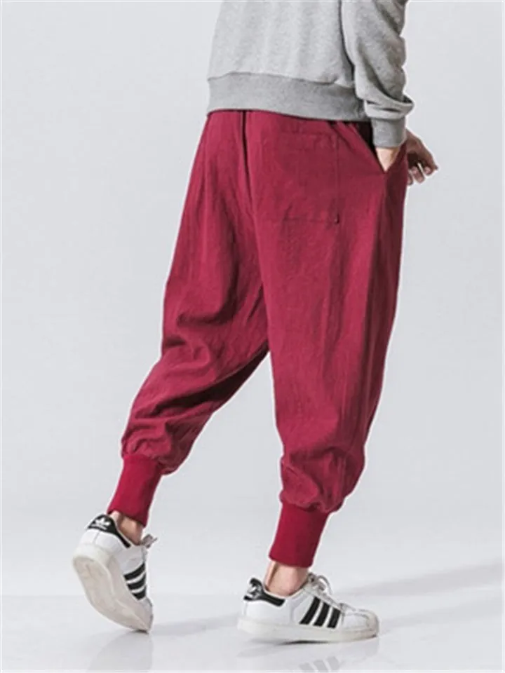 Solid Color Drawstring Linen Ankle-Banded Pants