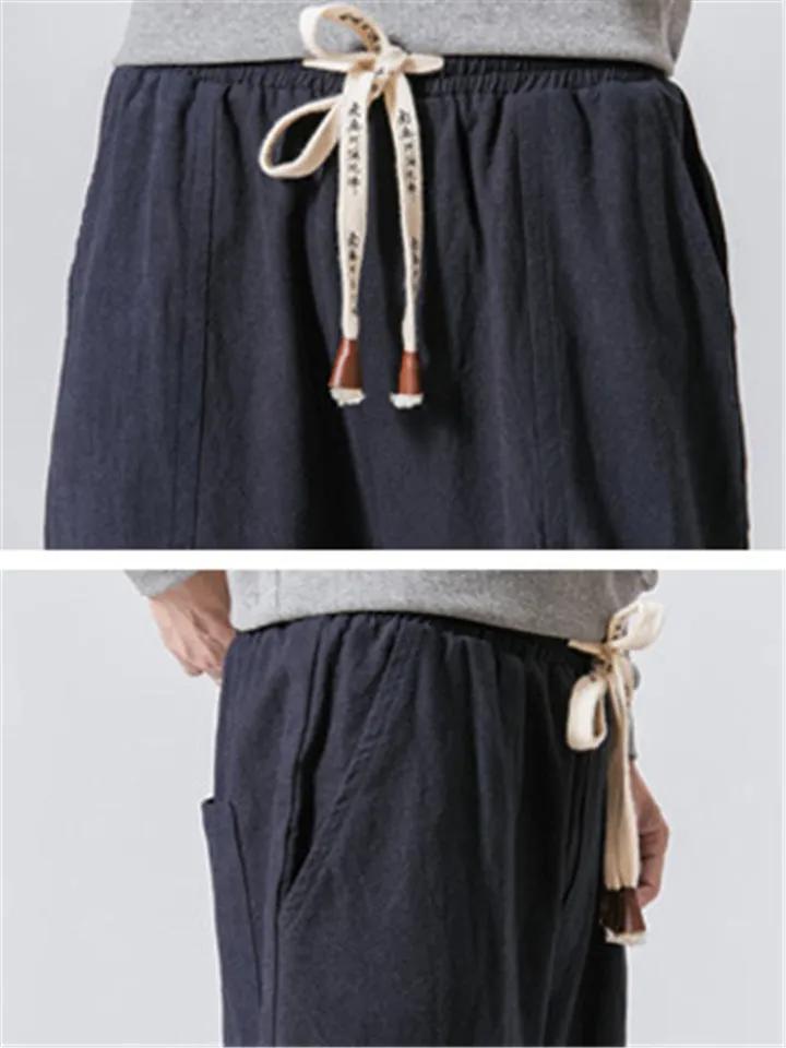 Solid Color Drawstring Linen Ankle-Banded Pants