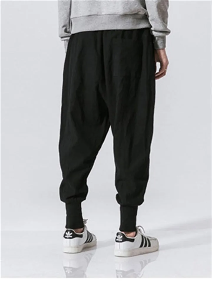 Solid Color Drawstring Linen Ankle-Banded Pants