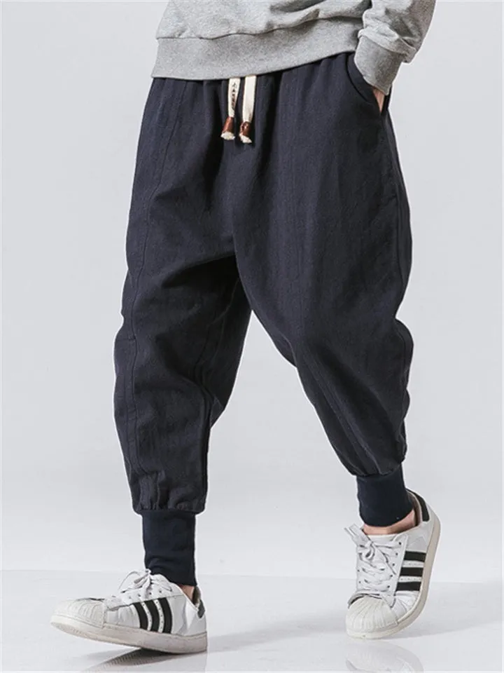 Solid Color Drawstring Linen Ankle-Banded Pants