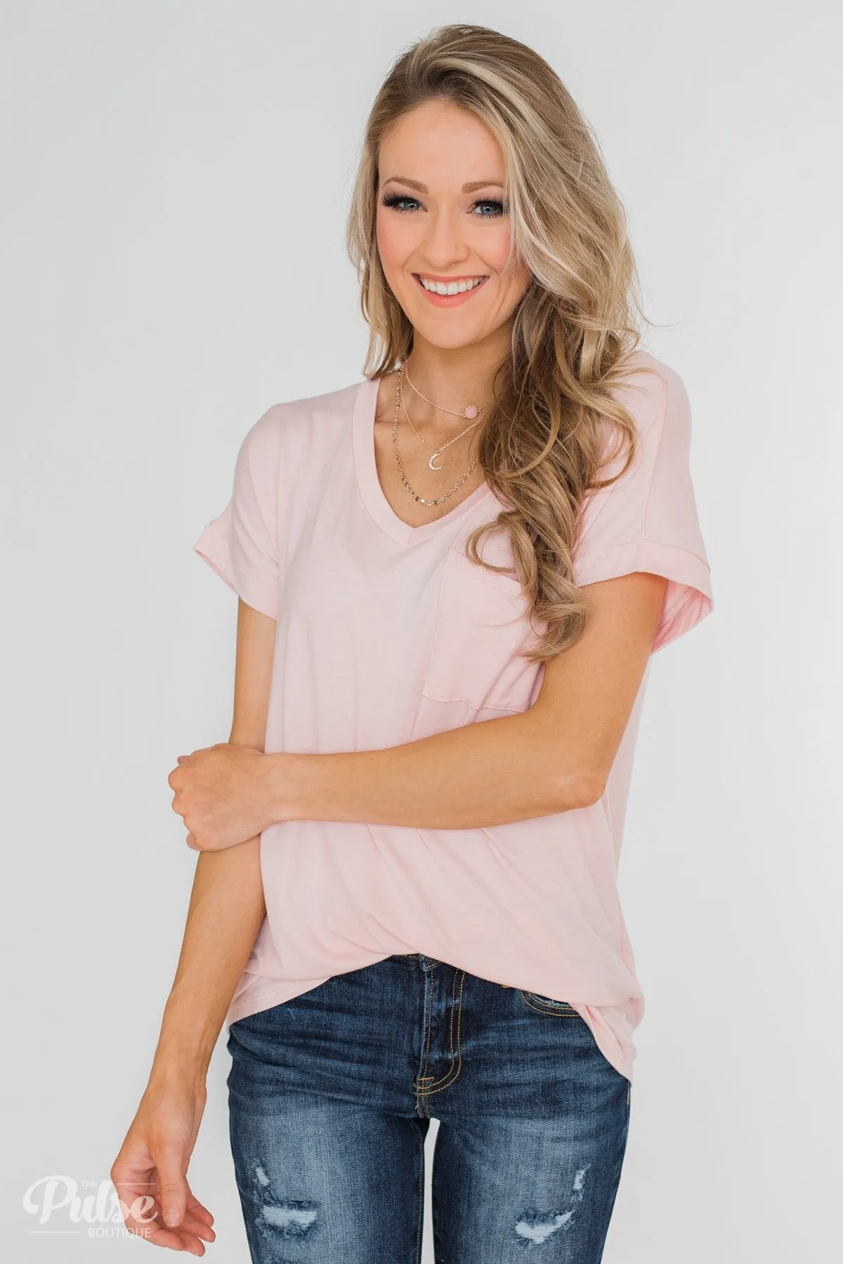 Solid V-Neck Pocket Top- Blush
