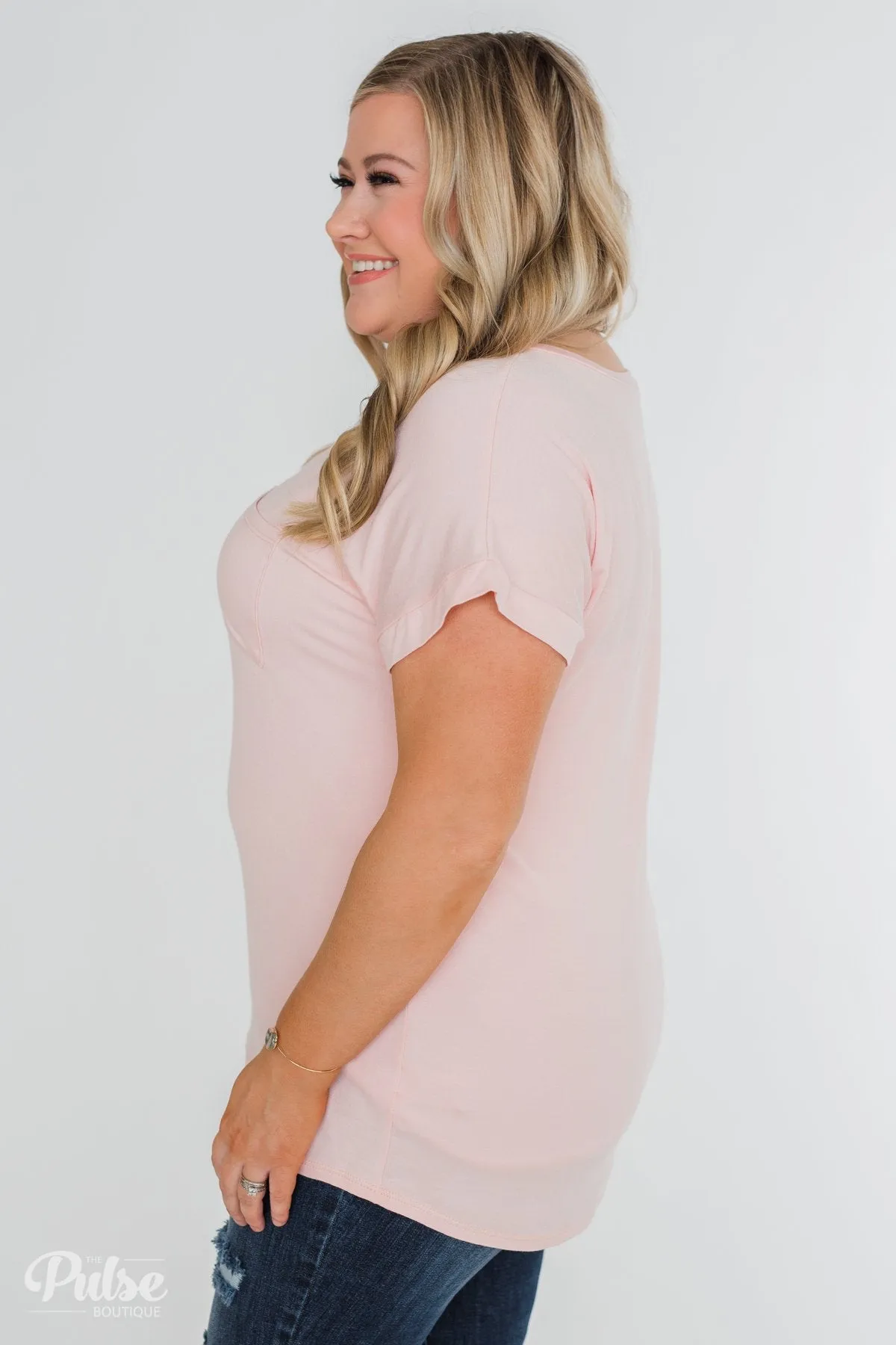 Solid V-Neck Pocket Top- Blush