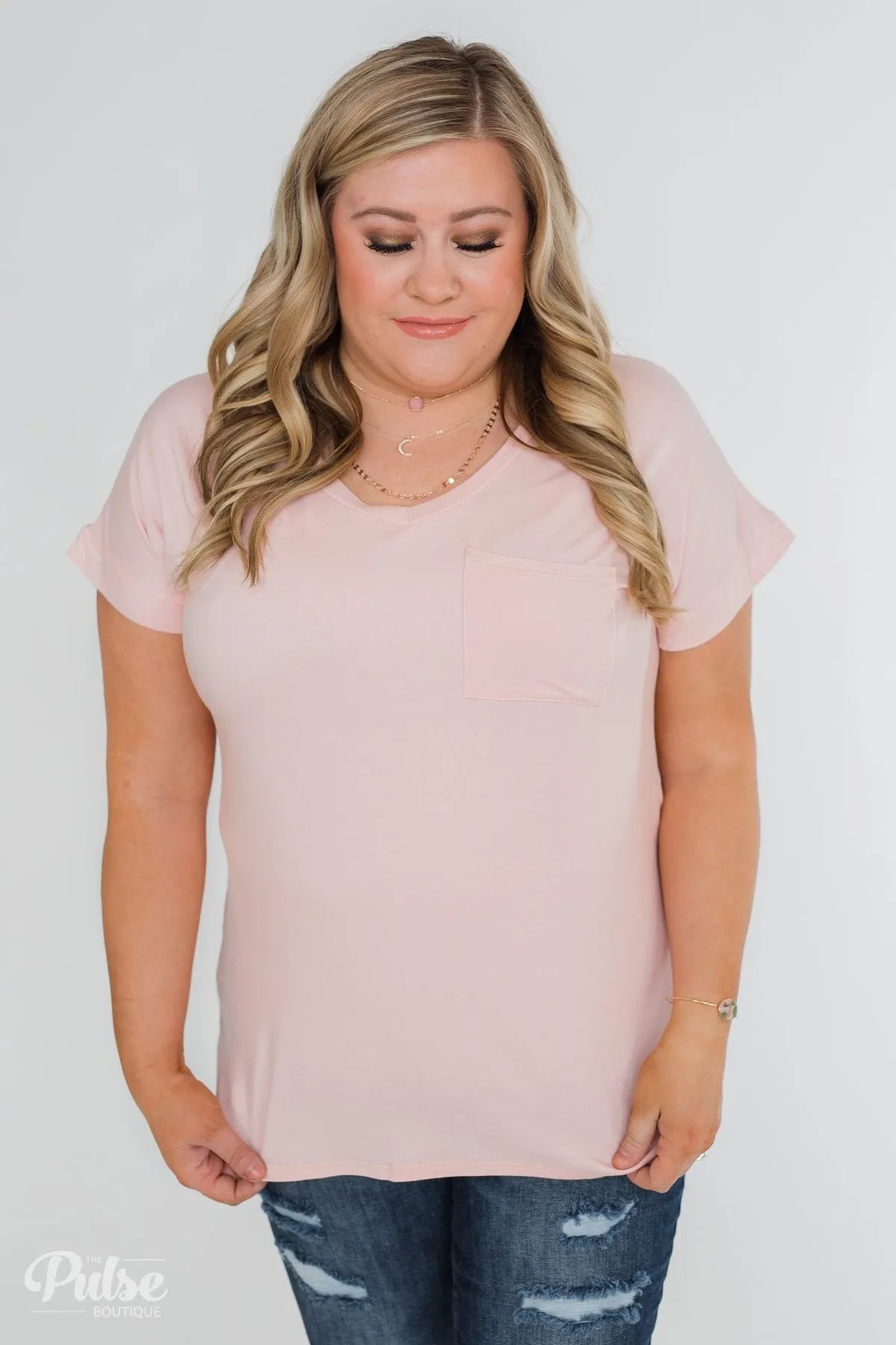 Solid V-Neck Pocket Top- Blush