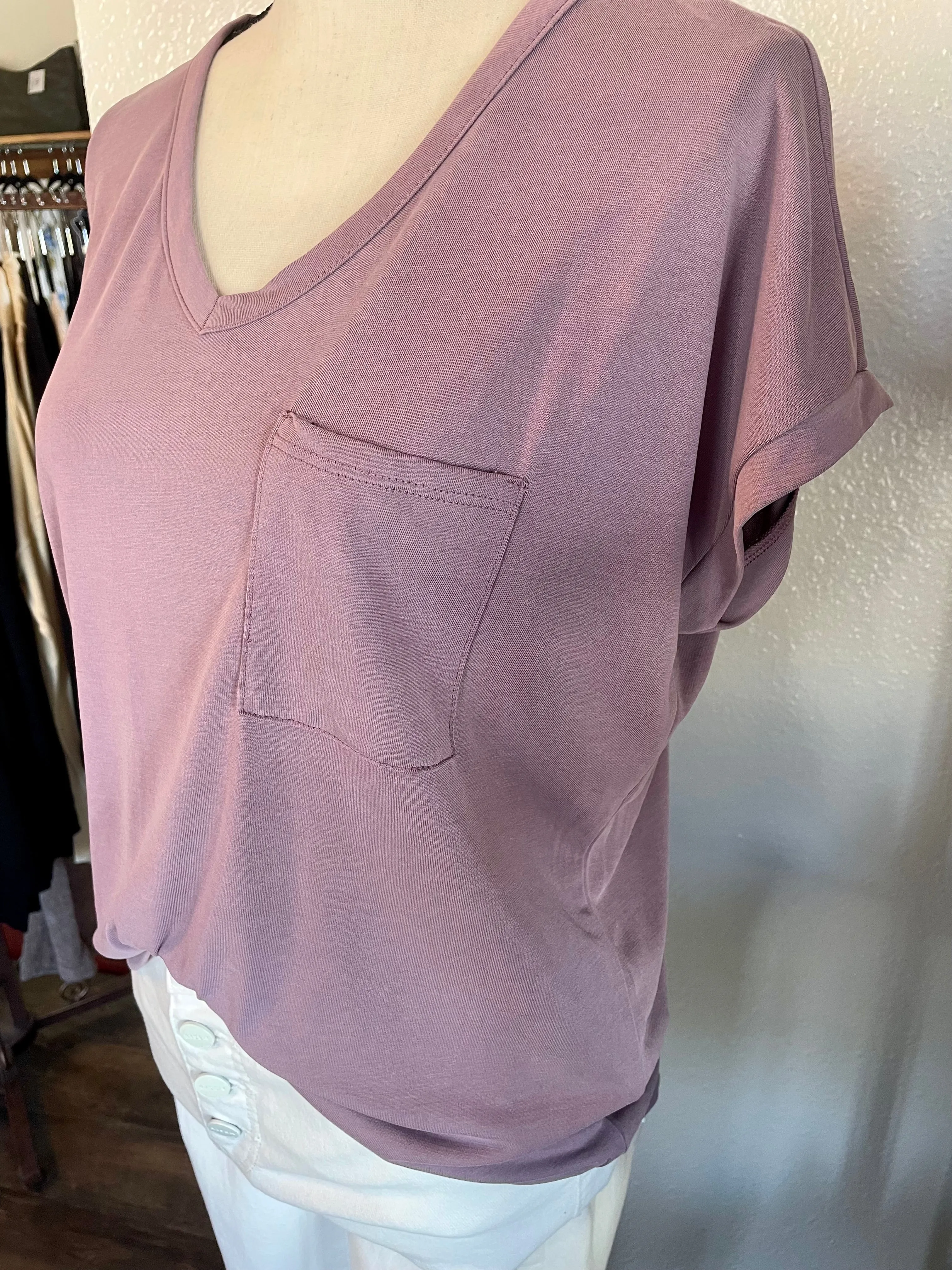 V-Neck Top w/ Pocket - Lavender