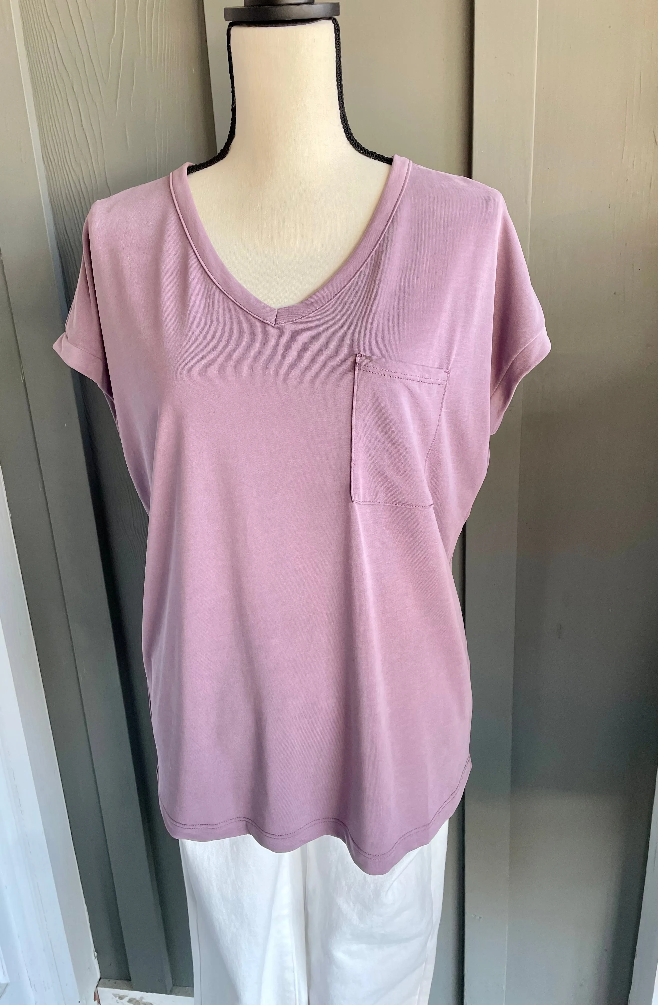 V-Neck Top w/ Pocket - Lavender
