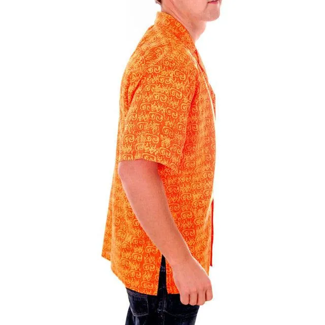 Vintage Mens Orange Batik Printed Shirt Jim Tillett M 1980s