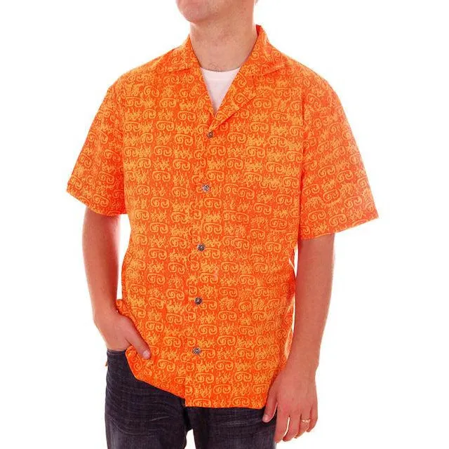 Vintage Mens Orange Batik Printed Shirt Jim Tillett M 1980s
