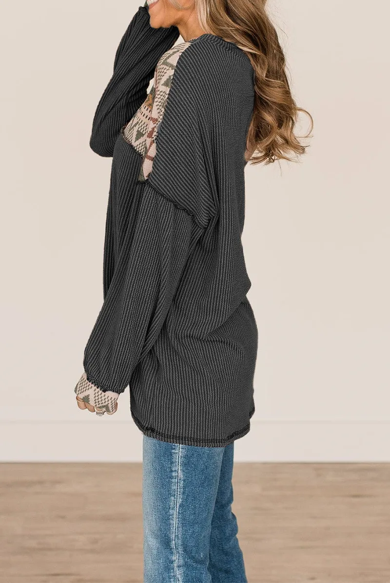 Vintage Print Patchwork Turndown Collar Tops