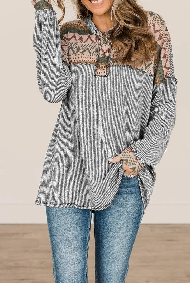 Vintage Print Patchwork Turndown Collar Tops