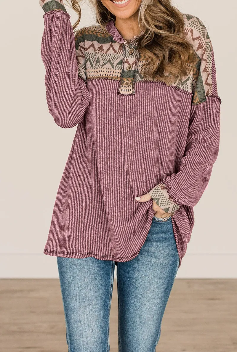 Vintage Print Patchwork Turndown Collar Tops