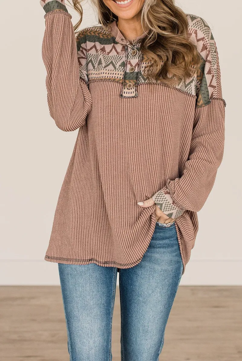 Vintage Print Patchwork Turndown Collar Tops