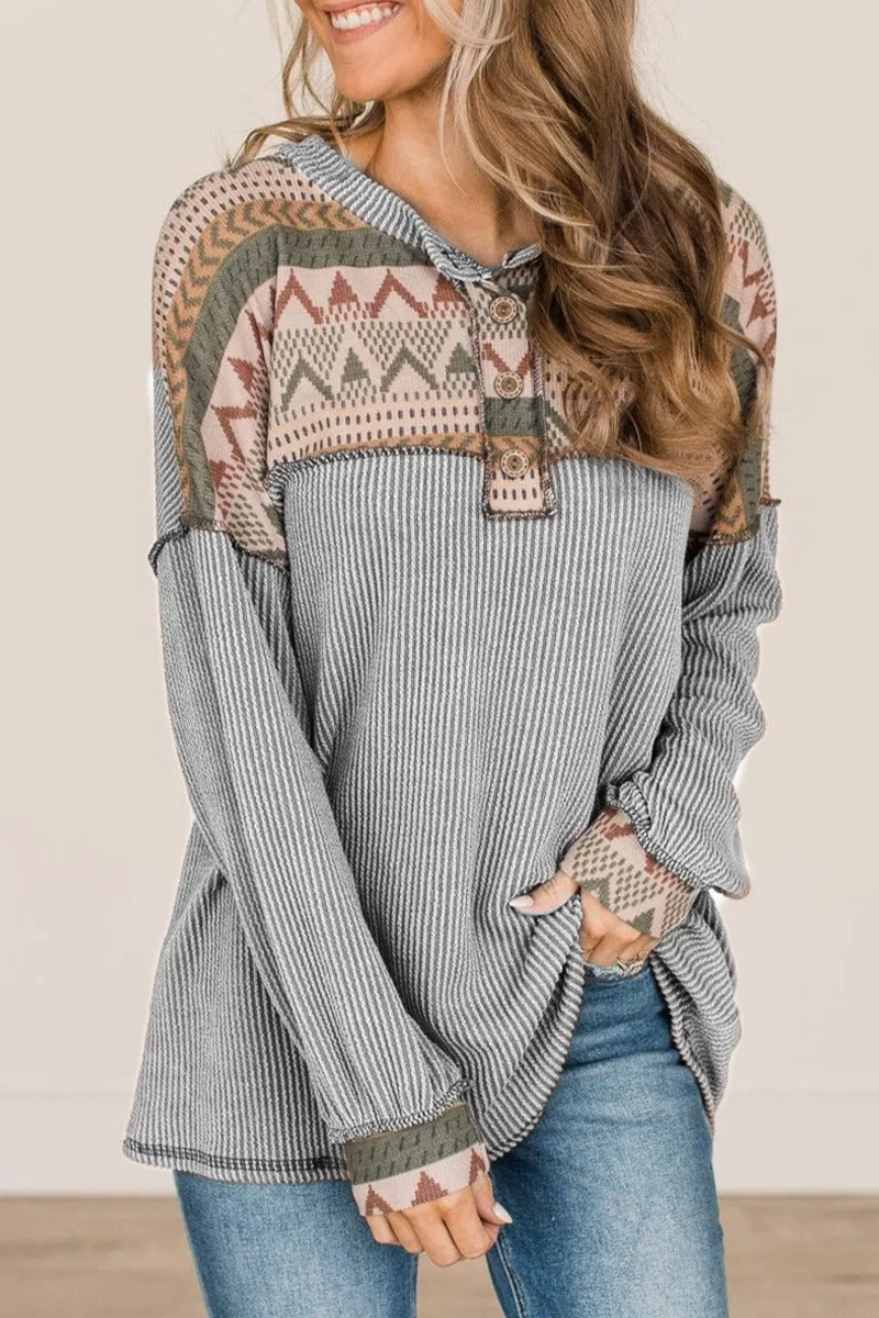 Vintage Print Patchwork Turndown Collar Tops