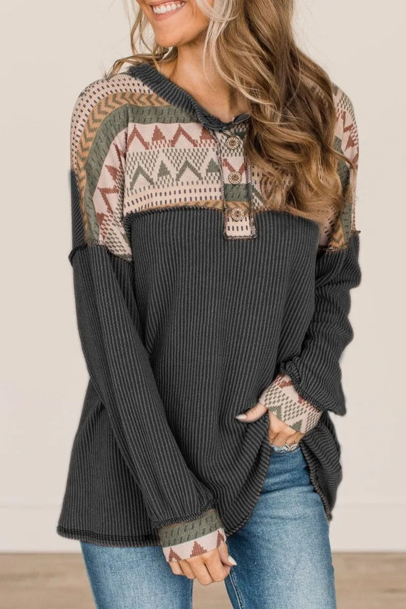 Vintage Print Patchwork Turndown Collar Tops