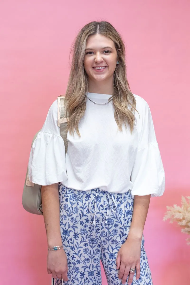 White Bubble Sleeve Rayon Top