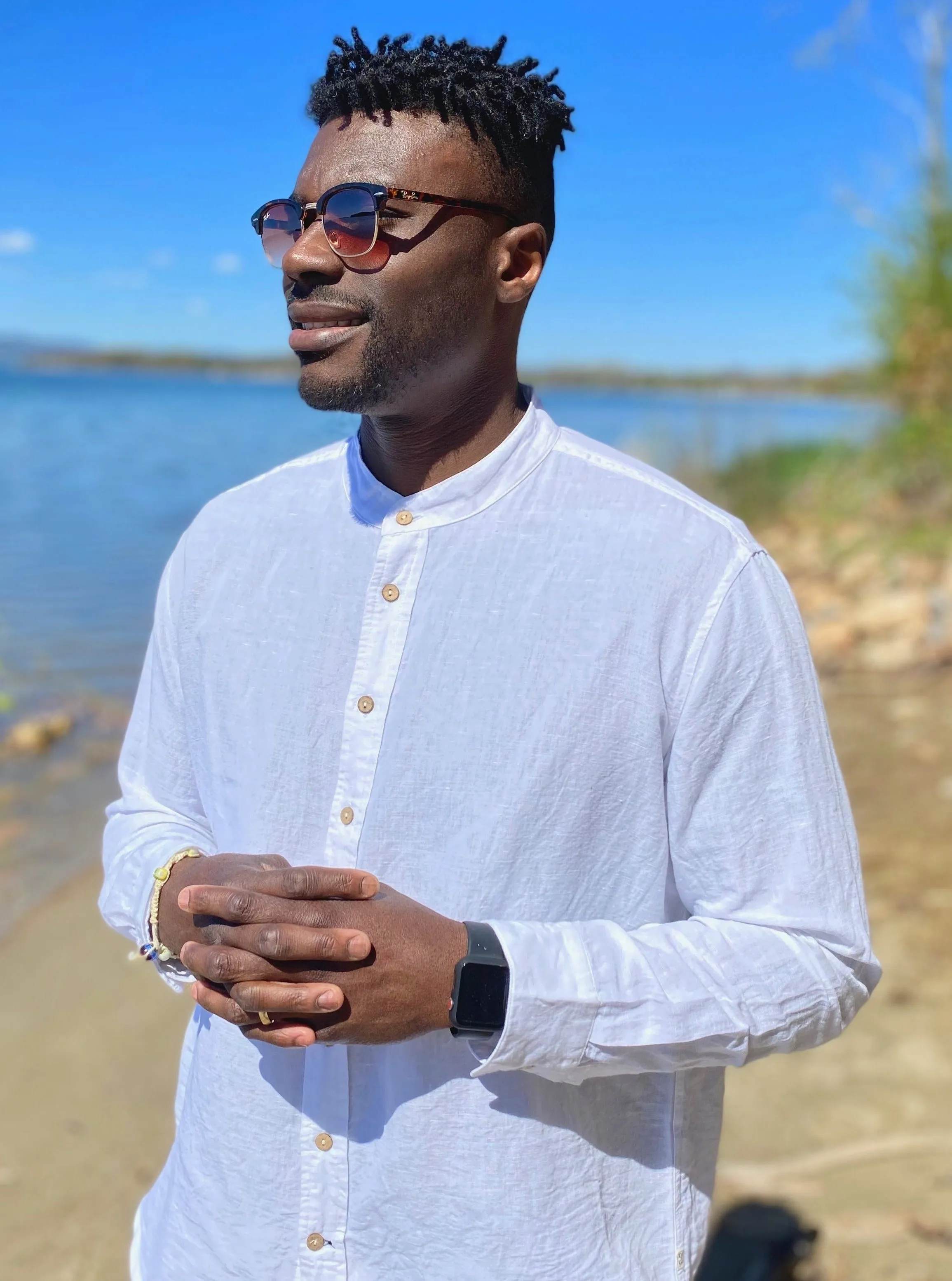 White Long Sleeve Linen Shirt with Nehru Collar