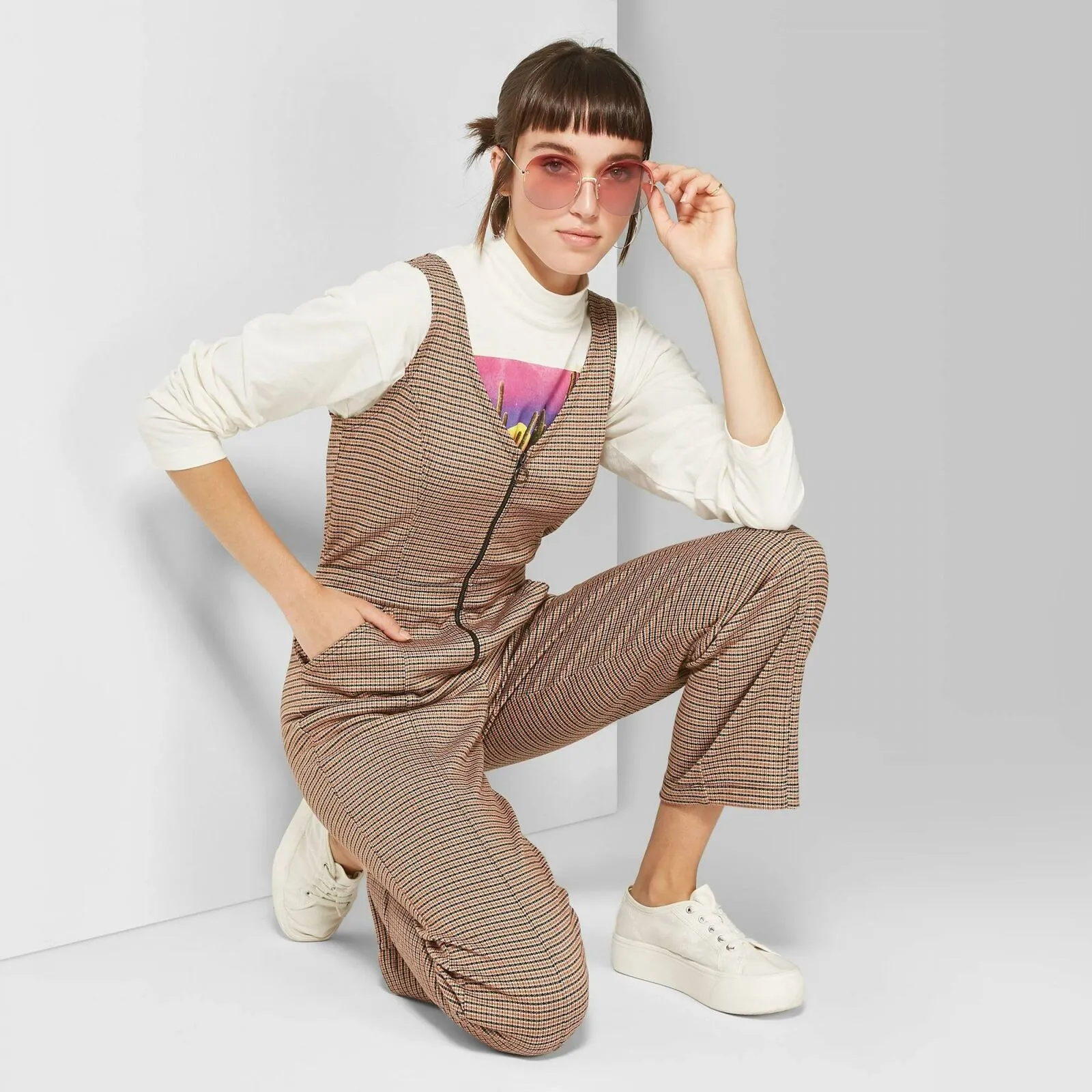 Wild Fable Women's Plaid Sleeveless V-Neck Zip Front Jumpsuit